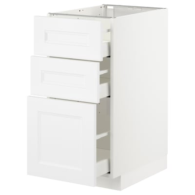 White METOD kitchen cabinet with three pull-out drawers and one door.