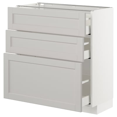 METOD kitchen unit in light gray with three drawers and frame construction.