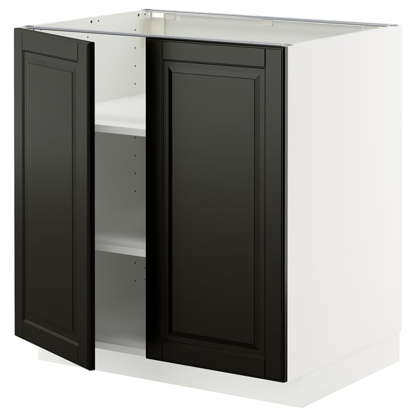 METOD kitchen unit with black beveled doors, adjustable shelves, white base, square shape.