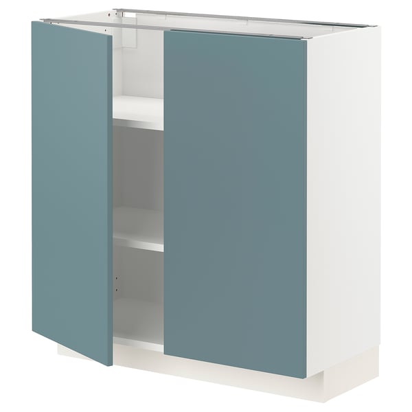 Turquoise-white METOD cabinet with two doors, sleek modern design, adjustable shelves, and sturdy construction.
