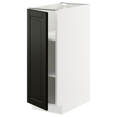 METOD kitchen cabinet in white with black beveled door.