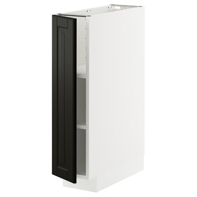 A white METOD kitchen cabinet with a black bodbyn door featuring beveled edges. It includes a shelf inside, designed with a sleek and modern look.