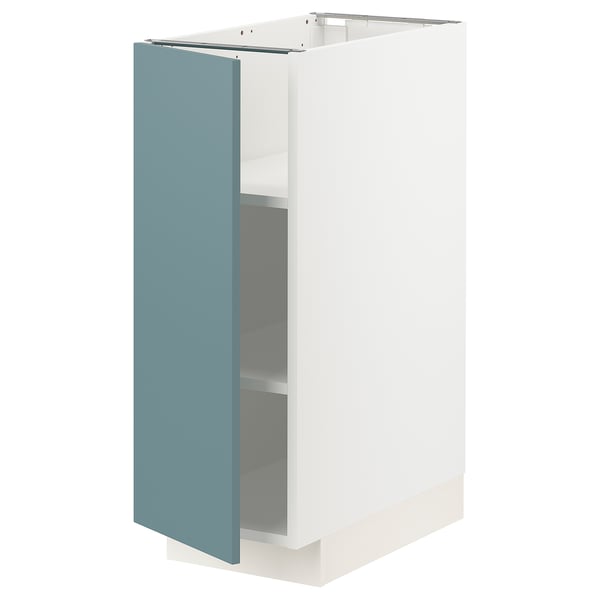 METOD kitchen cabinet in white with turquoise door, modern and sleek, open for storage view.