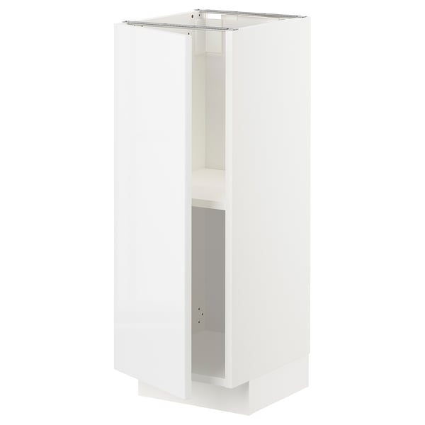 A white METOD kitchen cabinet with glossy finish, rectangular shape, and open shelf.