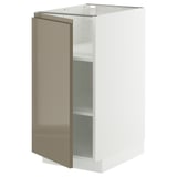 A white METOD kitchen cabinet with a dark gray-brown high gloss door partially open, revealing an adjustable shelf inside.