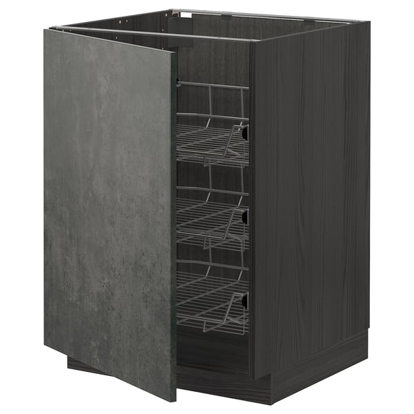 Dark grey METOD kitchen cabinet with wire shelves.