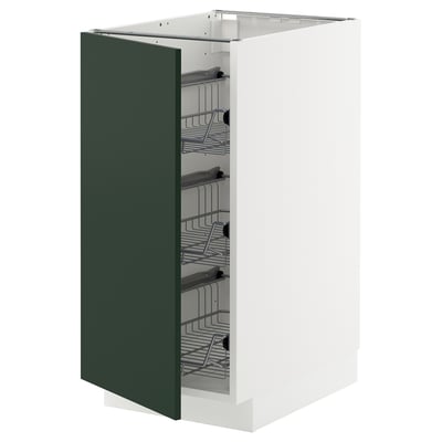 METOD kitchen cabinet in green with wire shelves.