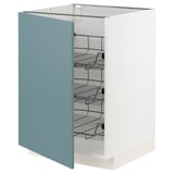 A white and turquoise METOD kitchen cabinet with multiple wire shelves.