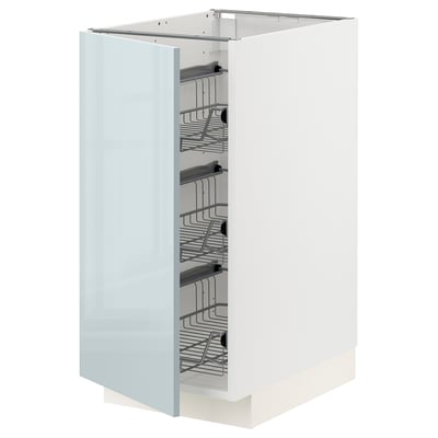 White cabinet with blue door, pull-out wire shelves, modern kitchen storage.