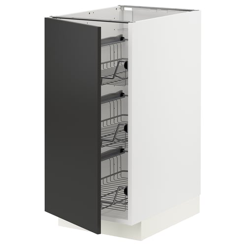 Modern kitchen cabinet, white with black door, wire baskets.