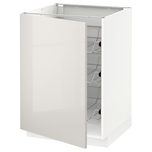 White high-gloss modern kitchen cabinet with pull-out baskets.