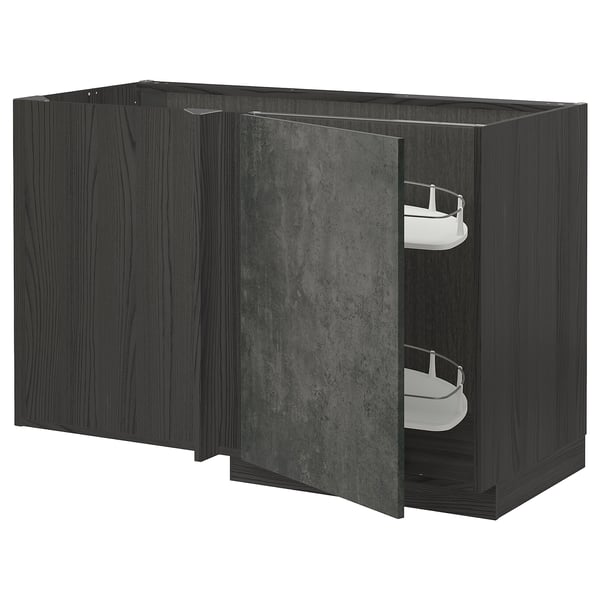 Dark grey kitchen cabinet with doors and shelves, modern design.