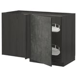 Dark grey kitchen cabinet with doors and shelves, modern design.