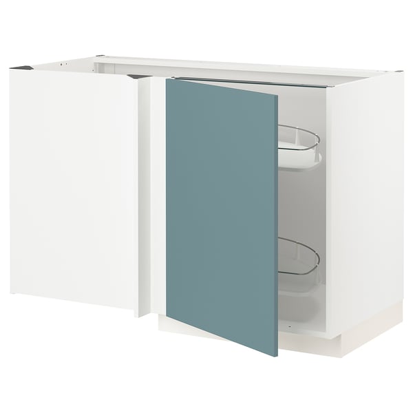 Modern kitchen cabinet, METOD series, white and turquoise, rectangular, with pull-out shelves.