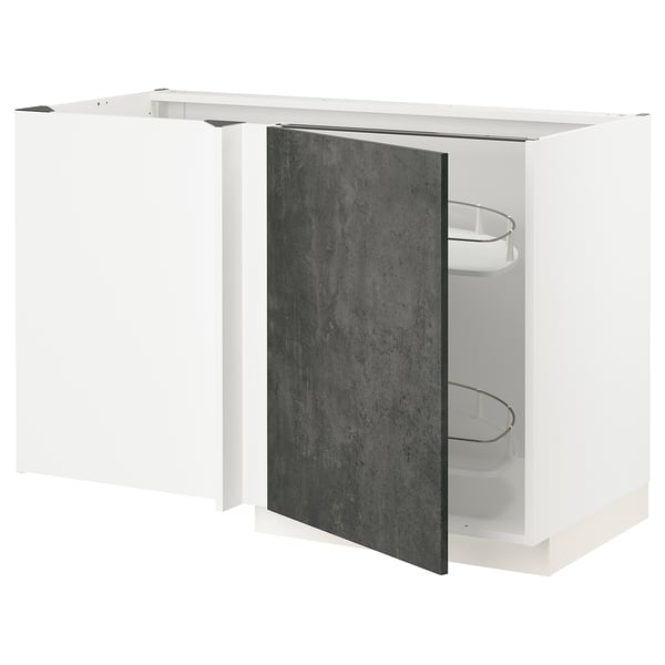 Modern white METOD kitchen unit with dark grey doors and pull-out shelves.