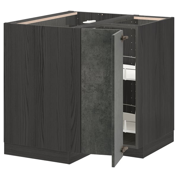 Image shows METOD dark grey corner kitchen cabinet set with open door, exposing shelves and drawers.