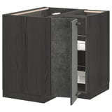 Image shows METOD dark grey corner kitchen cabinet set with open door, exposing shelves and drawers.