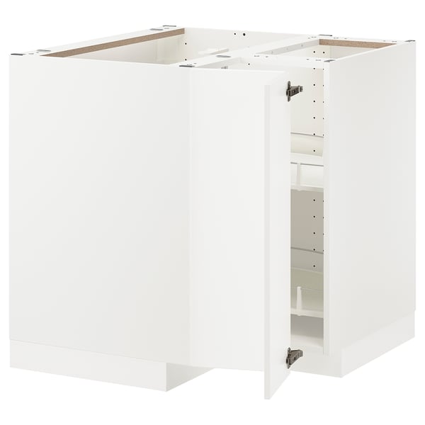 White METOD kitchen cabinet set. Square shape with open door, showing shelves. Made of fibreboard and plastic foil.