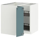 Ikea METOD kitchen cabinet in white with turquoise door and shelves. Modern, square shape with hinged door.