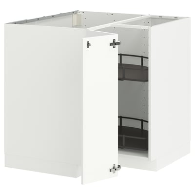 A white ikea METOD kitchen unit with a corner base cabinet and two drawers. It has a modern, glossy finish.