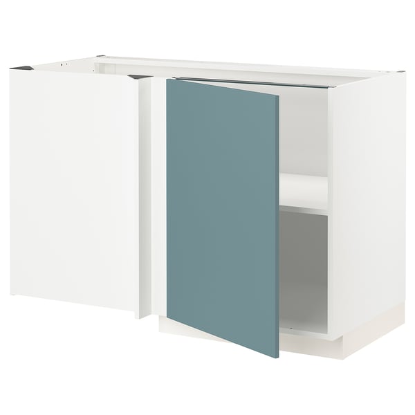 Modern, white l-shaped kitchen unit with turquoise door, smooth surfaces & clean design.