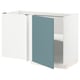 Modern, white l-shaped kitchen unit with turquoise door, smooth surfaces & clean design.