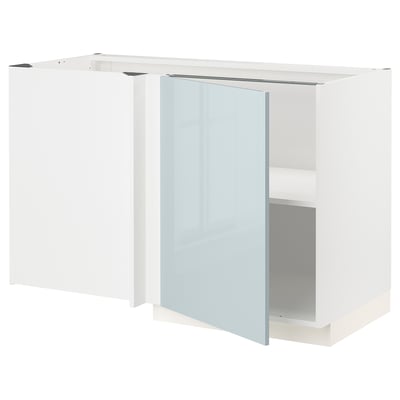 A white METOD corner kitchen cabinet with a high-gloss grey-blue door. It an adjustable shelf and a modern design.