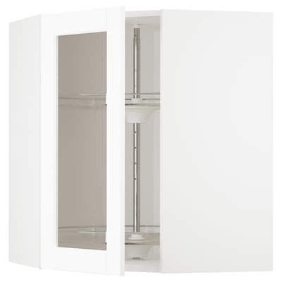 A white METOD kitchen unit with frosted glass doors and aluminum handles.