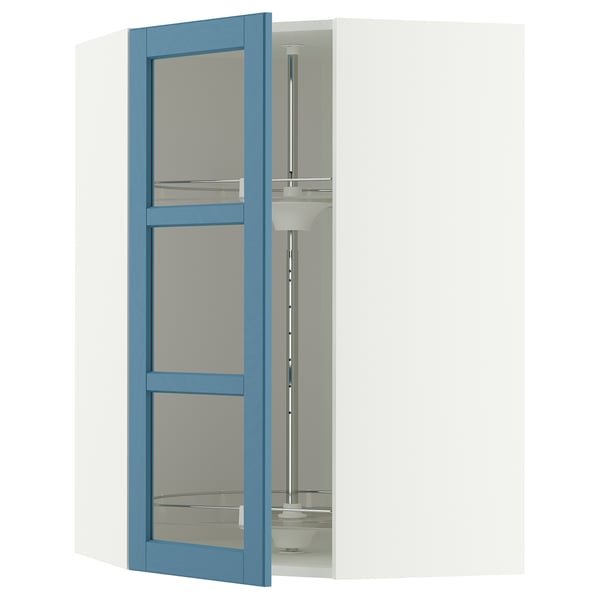 METOD Corner wall cab w carousel/glass dr, white/Lerhyttan blue, 68x100 cm