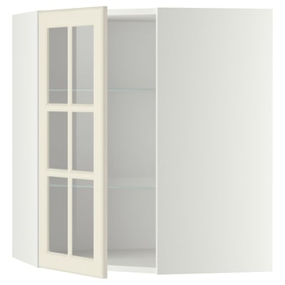A white kitchen cabinet with glass doors. It a frosted glass section and adjustable shelves.