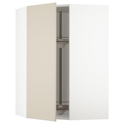 METOD kitchen cabinet in beige with glass shelf, modern design.