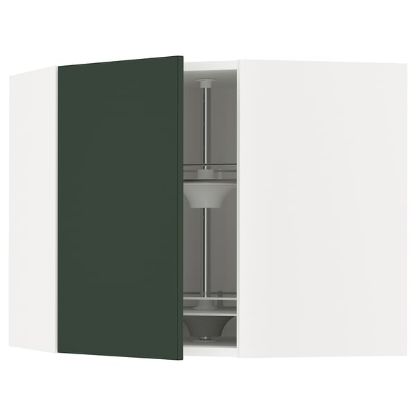 A green METOD kitchen cabinet. It a dark green door with an adjustable glass shelf inside.