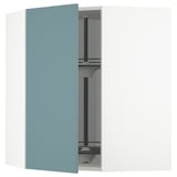 Modern turquoise kitchen cabinet with glass shelf.