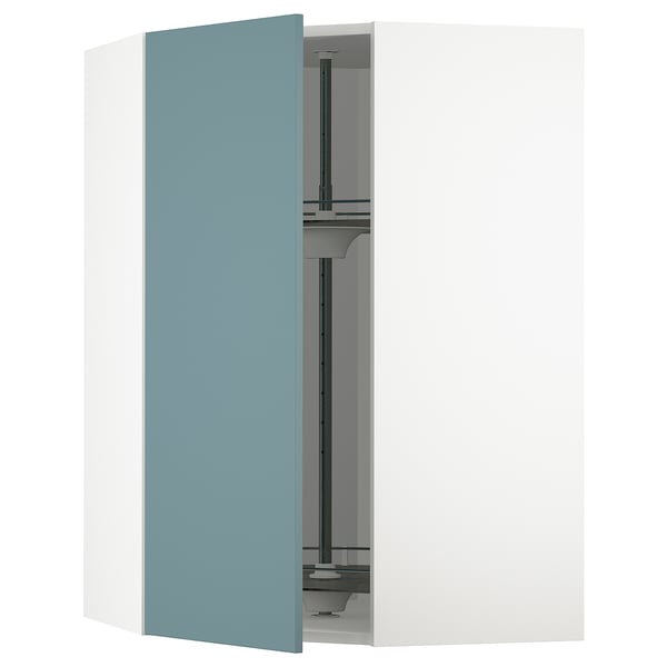 A blue METOD kitchen cabinet with a glass shelf.
