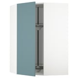 A blue METOD kitchen cabinet with a glass shelf.