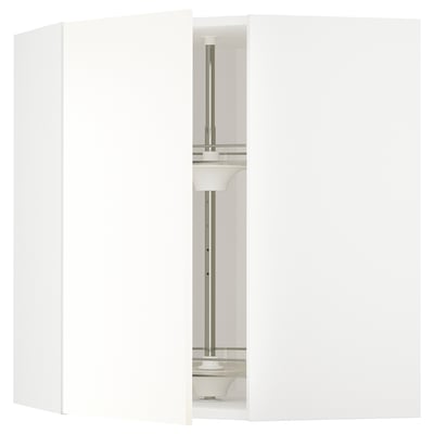 METOD white corner kitchen unit with adjustable glass shelves.