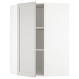 White wall-mounted corner cabinet from ikeas METOD kitchen system, featuring light grey lerhyttan fronts with bevelled edges for a classic look.