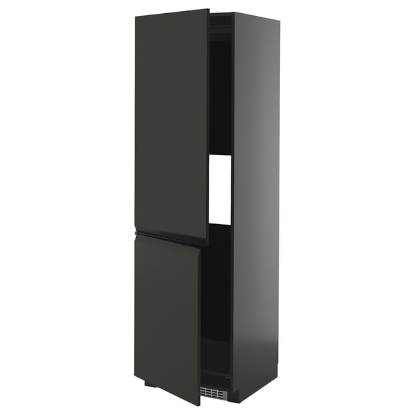 Black modern kitchen cabinet; glossy finish, two doors, sleek handle-free design, with adjustable shelf.