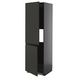 Black modern kitchen cabinet; glossy finish, two doors, sleek handle-free design, with adjustable shelf.