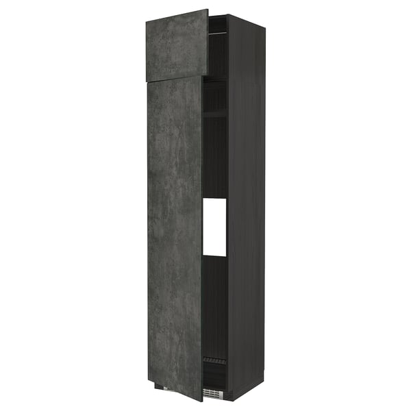 Grey concrete-effect METOD cabinet, open door, adjustable shelf.