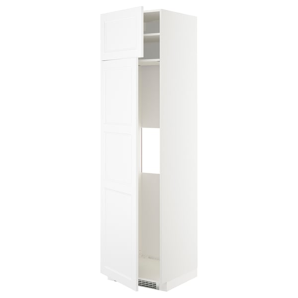 A white METOD kitchen cabinet with a modern design. It multiple adjustable shelves and reversible doors.