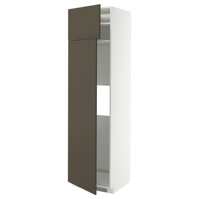 Modern tall cabinet with dark brown doors and white frame, sleek design.