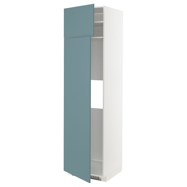A METOD kitchen cabinet with turquoise havstorp doors, featuring a sleek modern design and white frame.