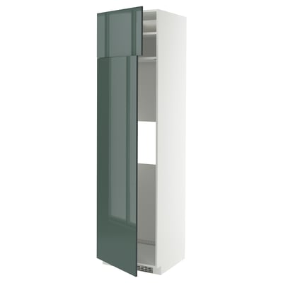 METOD kitchen cabinet, high-gloss grey-green, tall with shelves, modern design.