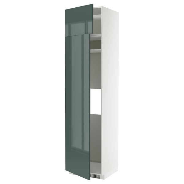 Modern kitchen cabinet, high gloss green, slim rectangular shape, two doors, adjustable shelf.