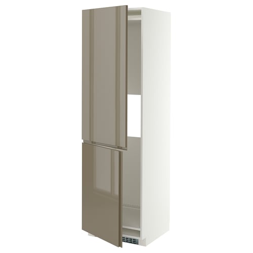 METOD Hi cab f fridge or freezer w 2 drs, white/VOXTORP high-gloss dark grey-brown vertical, 60x60x200 cm