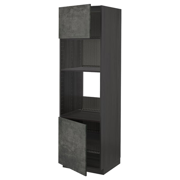 Modern dark grey METOD kitchen cabinet with open, adjustable shelves and metallic finish hinges.