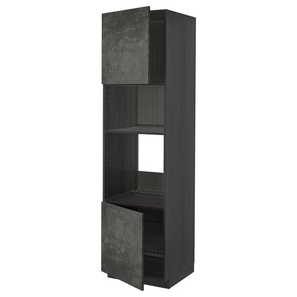 Dark grey METOD kitchen unit with concrete effect doors and open center shelf.