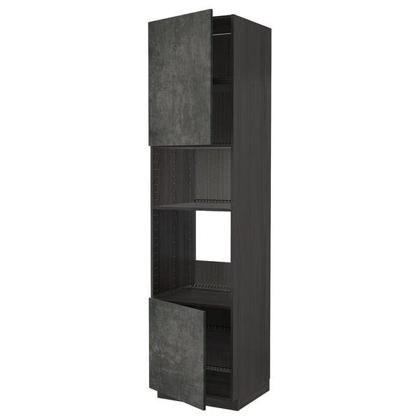 Dark grey METOD kitchen unit with open shelves and drawers.