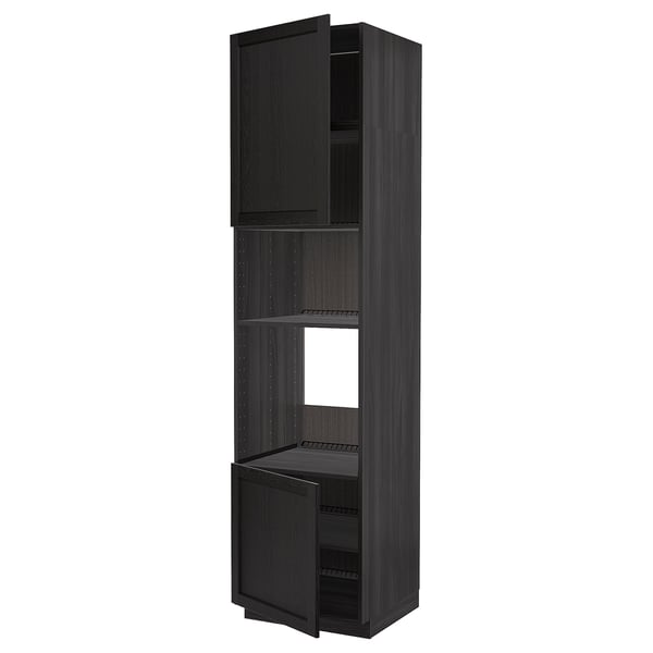 A tall, black METOD kitchen cabinet with three shelves, made from stained wood. It has two open doors, revealing adjustable shelves inside.
